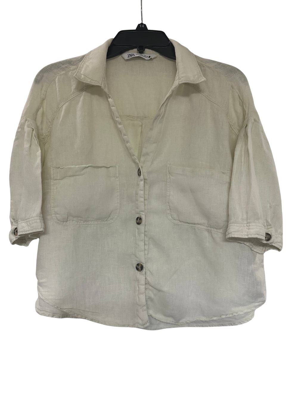 Zara 100% Linen Button Down Shirt L Cream Ivory Cropped Utility Pocket Top